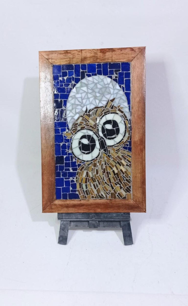 Quadro Coruja em Mosaico e Lua | Decoração Noturna Artesanal