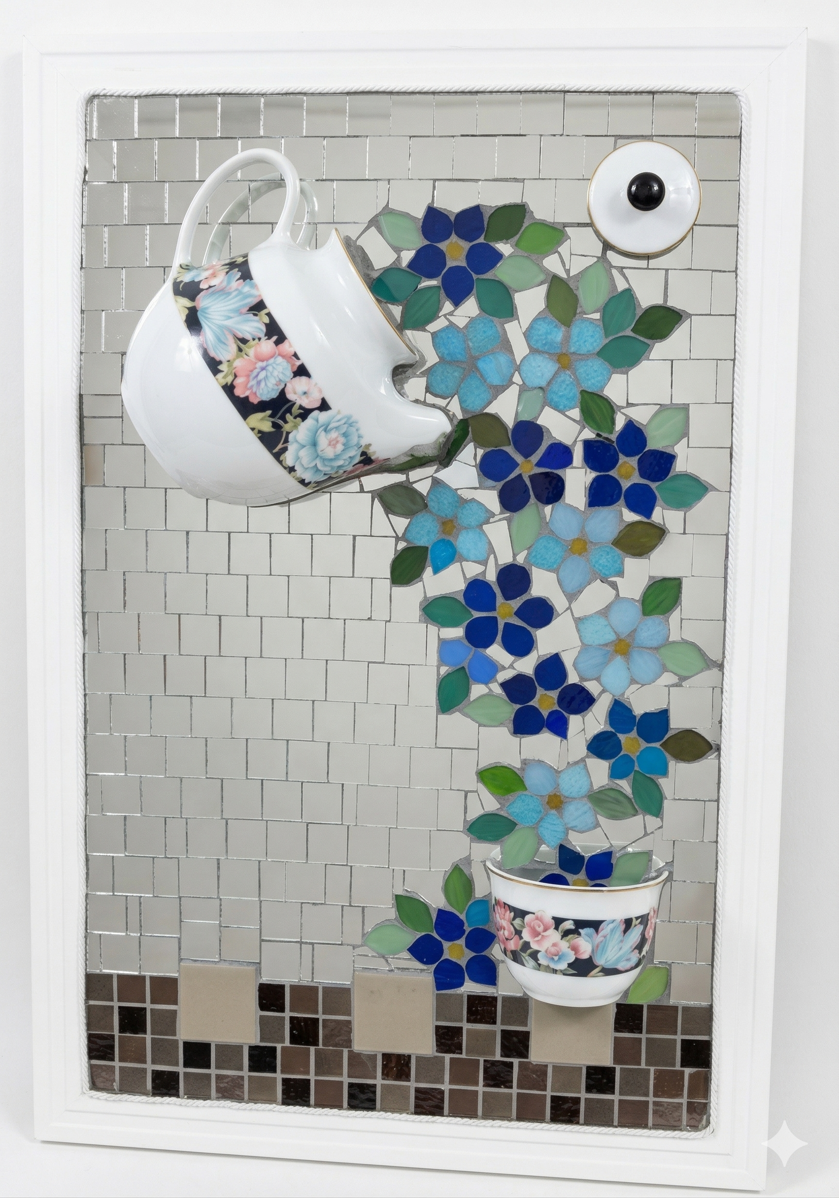 Quadro Bule de Chá e Flores em Mosaico Espelhado
