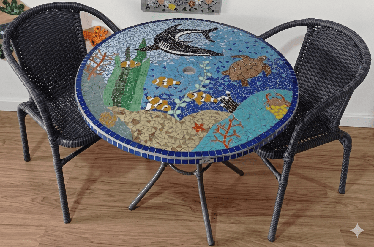 Mesa Geométrica Azul em Mosaico