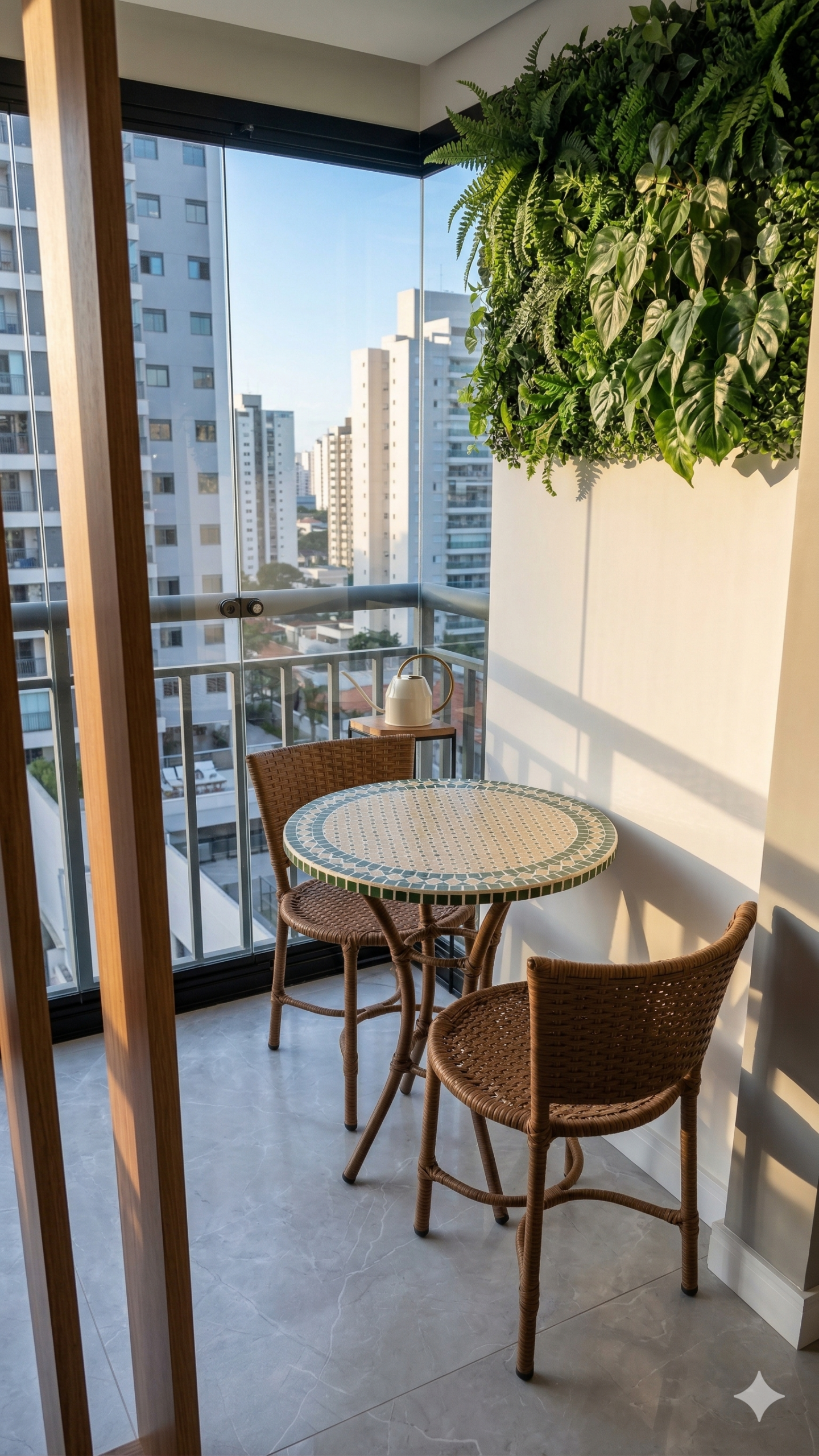 Conjunto Mesa Marroquina em Mosaico com tampo artesanal decorado em padrões geométricos e coloridos, composto por mesa e cadeiras para área externa
